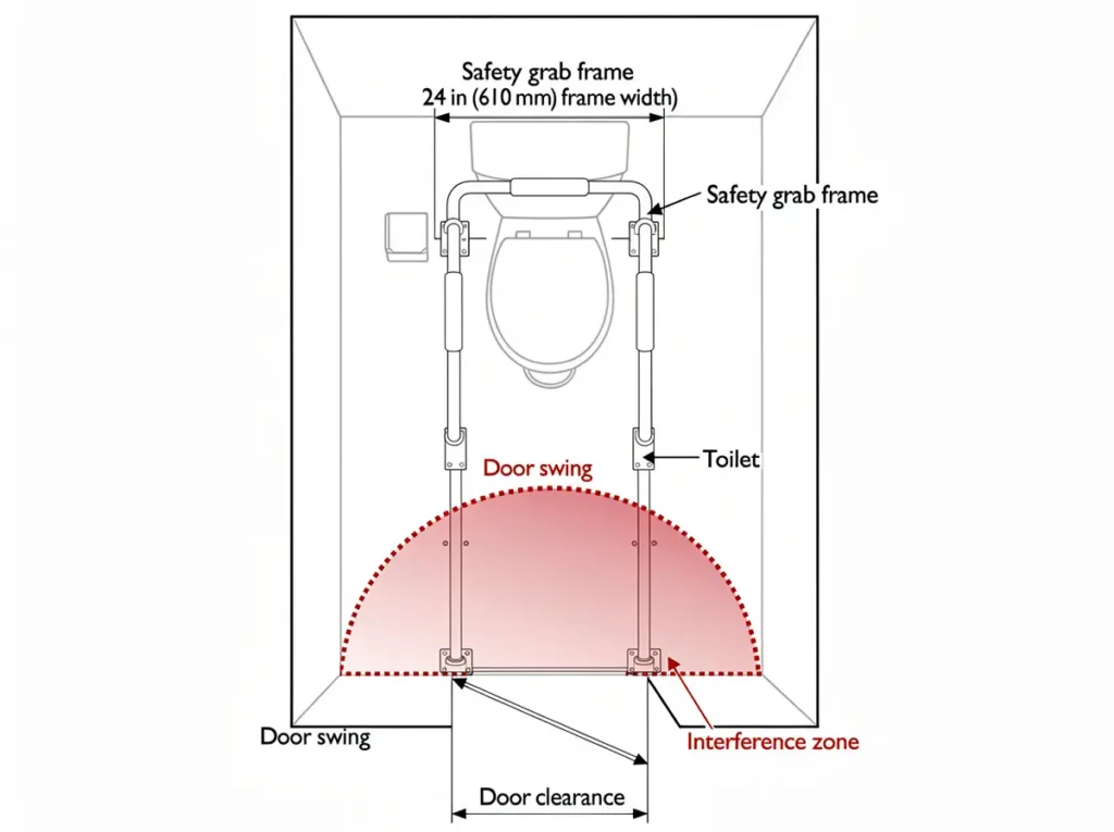 top down floor plan showing toilet safety grab frame interference zone with door swing radius in small senior bathroom without remodeling