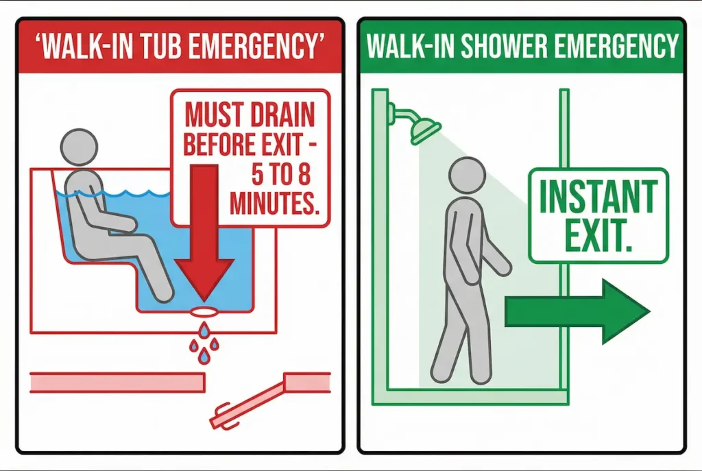 Diagram comparing emergency exit time from walk-in tub requiring full drain versus instant exit from walk-in shower