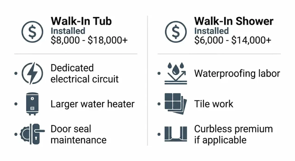 Cost comparison infographic showing walk-in tub installed cost of $8,000 to $18,000 versus walk-in shower $6,000 to $14,000