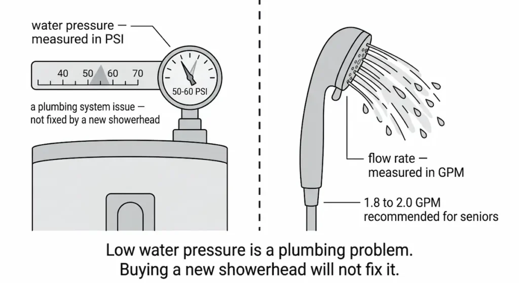 Split diagram comparing water pressure measured in PSI at hot water tank versus flow rate measured in GPM at handheld shower head showing low water pressure is a plumbing system issue not fixed by buying a new showerhead for seniors