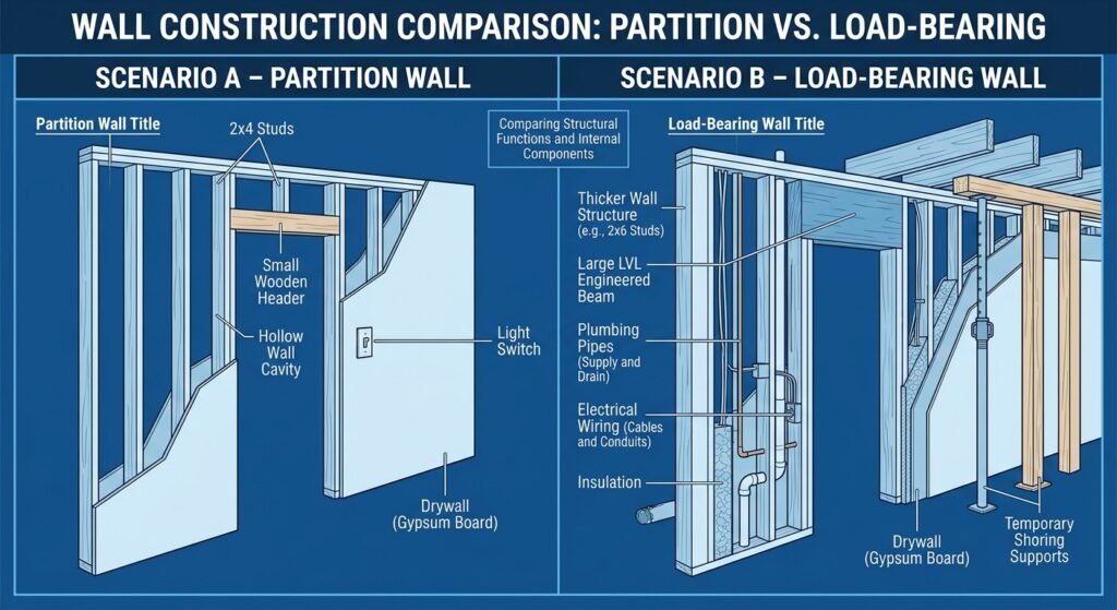 Cutaway diagram comparing a non-load-bearing partition wall versus a load-bearing wall requiring an LVL engineered beam showing internal plumbing, wiring, and structural shoring