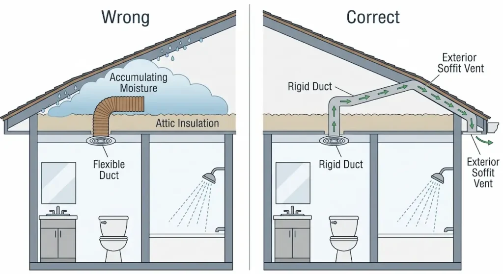 Cross-section diagram showing wrong bathroom exhaust fan venting into attic versus correct rigid duct routing to exterior soffit vent for seniors