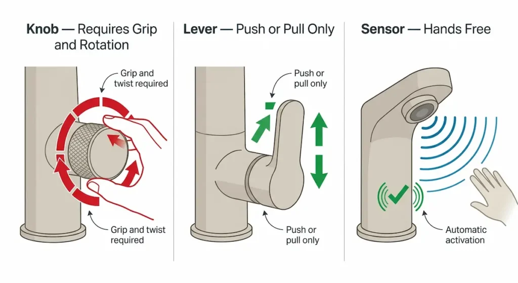 Comparison diagram showing knob faucet requiring grip and rotation versus lever faucet push or pull versus hands free sensor faucet for a bathroom vanity for seniors with arthritis or limited grip strength