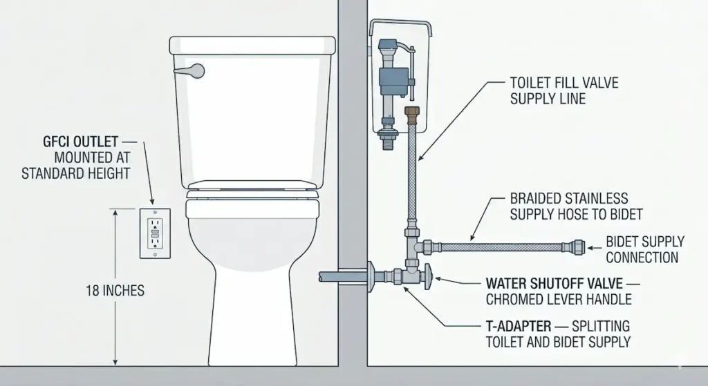 Technical diagram showing bidet installation rough-in with T-adapter splitting toilet and bidet supply lines, braided stainless hoses, water shutoff valve, and GFCI outlet mounted at standard height