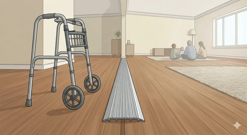 Double wide mobile home center seam transition strip shown as trip hazard for senior using a walker in main living area, illustrating why flooring modification is a priority aging in place modification