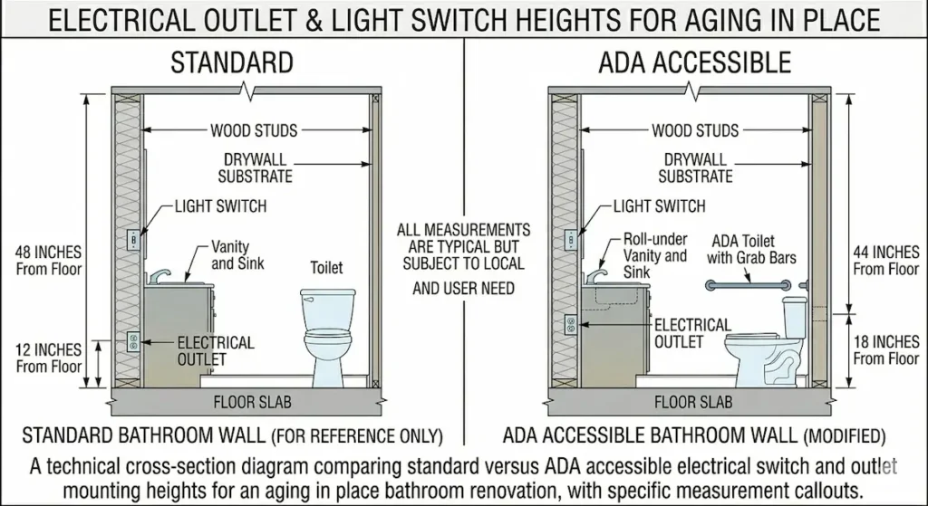 Side by side comparison diagram showing standard bathroom electrical outlet at 12 inches and light switch at 48 inches versus ADA accessible heights with outlet at 18 inches and switch at 44 inches for aging in place bathroom renovation