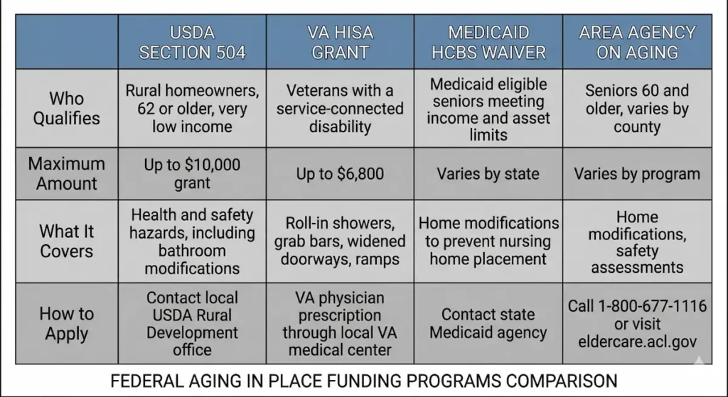 Comparison chart showing four federal aging in place funding programs — USDA Section 504, VA HISA grant, Medicaid HCBS waiver, and Area Agency on Aging — with eligibility requirements, maximum amounts, coverage, and how to apply