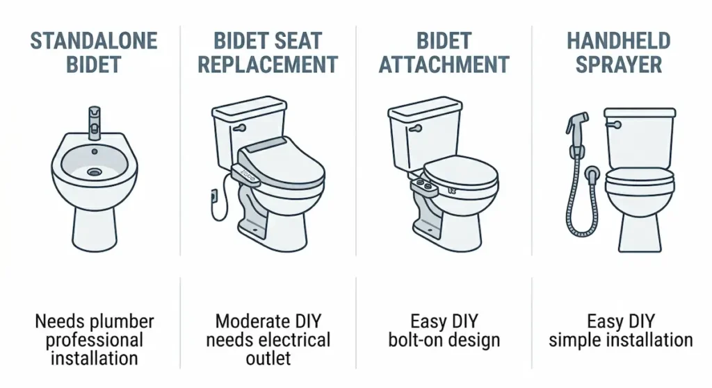 Infographic comparing four types of bidets for seniors — standalone bidet, bidet seat replacement, bidet attachment, and handheld sprayer — with installation difficulty notes for each