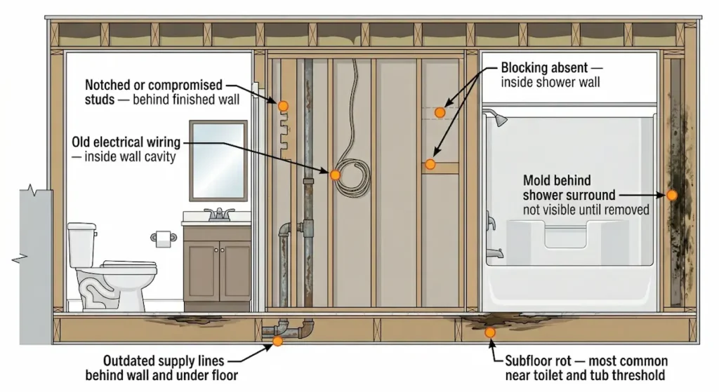 Cross-section diagram showing hidden structural costs in an aging in place bathroom renovation including subfloor rot near tub threshold, mold behind shower surround, old electrical wiring, compromised studs, absent blocking, and outdated supply lines
