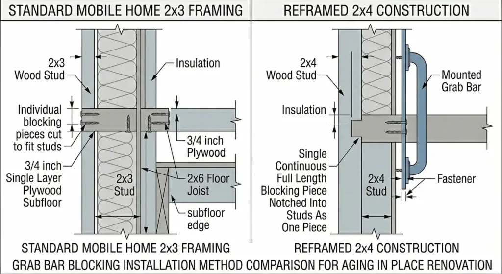 Diagram comparing grab bar blocking installation in standard mobile home 2x3 stud framing with individual blocking pieces cut to fit versus reframed 2x4 construction with single continuous full length blocking piece notched into studs for aging in place bathroom renovation