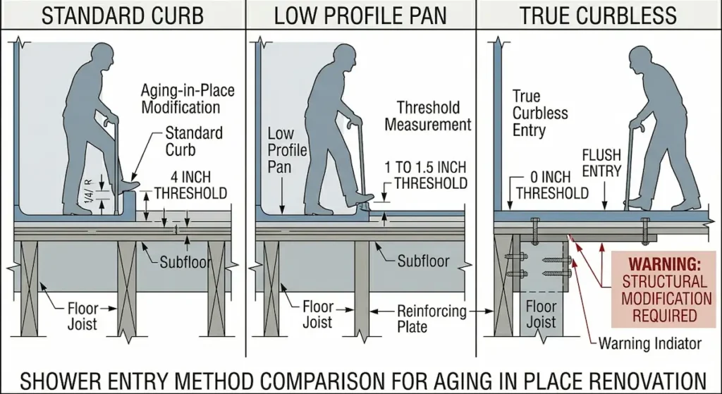 Diagram comparing three shower entry options for mobile home aging in place renovation showing standard curb with 4 inch threshold, low profile pan with 1 to 1.5 inch threshold, and true curbless entry with 0 inch threshold requiring structural modification with elderly figure stepping into each option