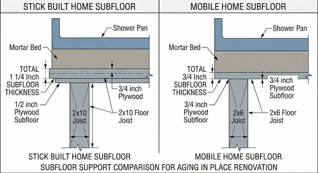 Cross section diagram comparing stick built home subfloor with 2x10 floor joists and total 1 1/4 inch subfloor thickness versus mobile home subfloor with 2x6 floor joists and total 3/4 inch subfloor thickness for aging in place bathroom renovation
