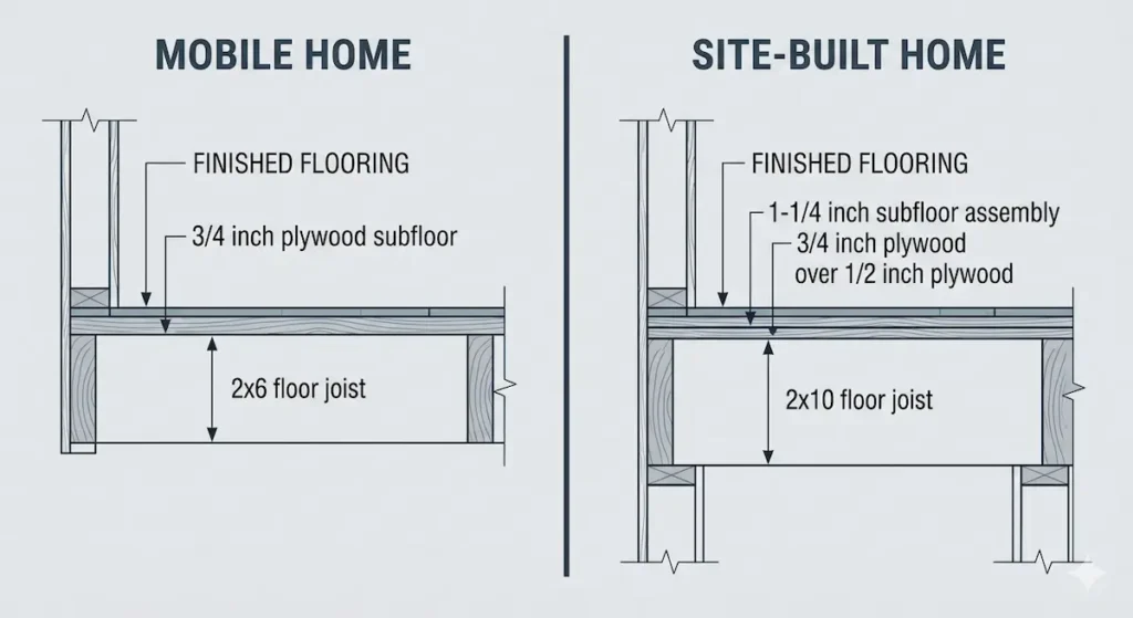 Cross-section diagram comparing 2x6 mobile home floor joists with 3/4 inch plywood subfloor versus 2x10 site-built home floor joists with 1-1/4 inch subfloor assembly for aging in place renovation