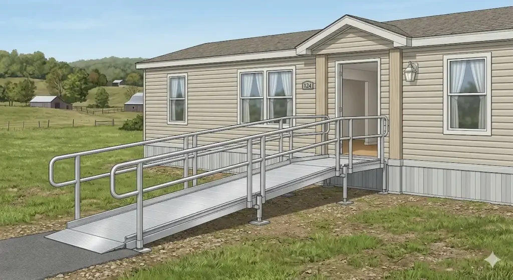 Modular aluminum wheelchair ramp with handrails installed at mobile home entry with no permanent footings, showing accessible aging in place modification for rural Eastern Kentucky senior homeowner