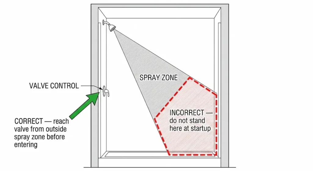 Diagram showing shower spray zone with valve control positioned outside the spray zone for safe startup, and incorrect standing zone marked in red for senior shower safety