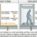 Side by side comparison diagram showing warm 2700K light creating low contrast between wet and dry bathroom surfaces versus daylight 5000K lighting creating high contrast for improved senior bathroom safety