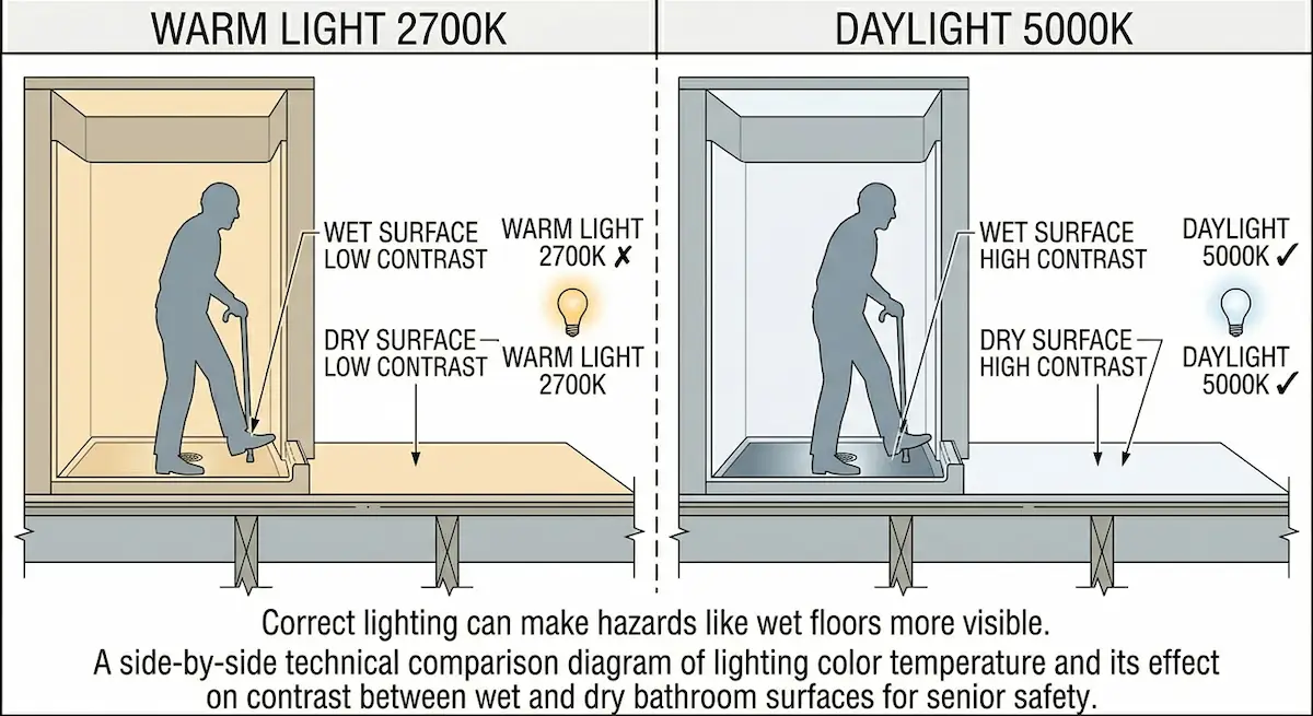 Side by side comparison diagram showing warm 2700K light creating low contrast between wet and dry bathroom surfaces versus daylight 5000K lighting creating high contrast for improved senior bathroom safety