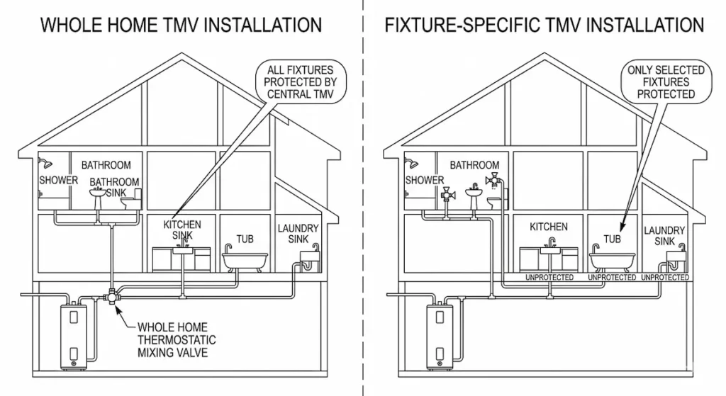 Diagram comparing whole home thermostatic mixing valve installed at the water heater protecting all fixtures versus fixture specific anti-scald valves installed only at shower and bathroom sink for senior bathroom safety