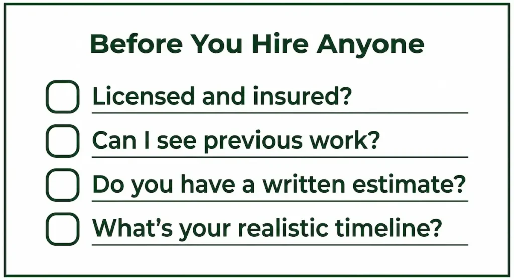 Contractor hiring checklist for Eastern Kentucky homeowners asking about licensing, previous work, written estimates, and realistic timelines