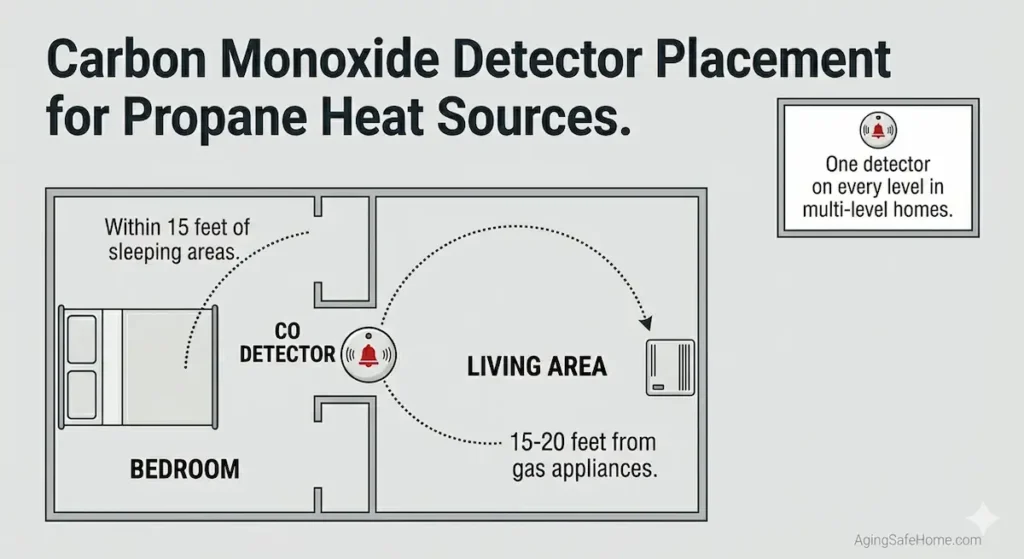 Floor plan diagram showing carbon monoxide detector placement for propane heat sources with CO detector within 15 feet of sleeping areas and 15 to 20 feet from gas appliances with note that multi-level homes need one detector on every level