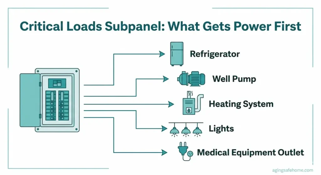 Critical loads subpanel diagram showing a generator powering refrigerator well pump heating system lights and medical equipment outlet for seniors aging in place