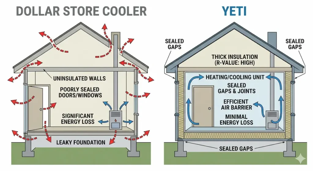Diagram comparing a leaky uninsulated home to a sealed energy-efficient home showing how Eastern Kentucky seniors can lower their Kentucky Power bill