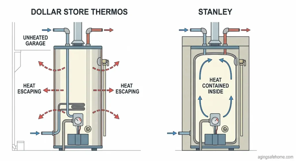 Diagram comparing an uninsulated hot water heater losing heat in an unheated garage to a properly insulated unit showing how eastern Kentucky seniors can lower their Kentucky Power bill