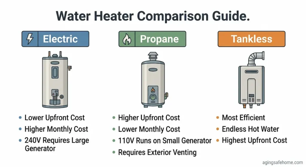 Comparison diagram of electric propane and tankless hot water heater options for eastern Kentucky seniors showing upfront cost monthly cost generator compatibility and venting requirements
