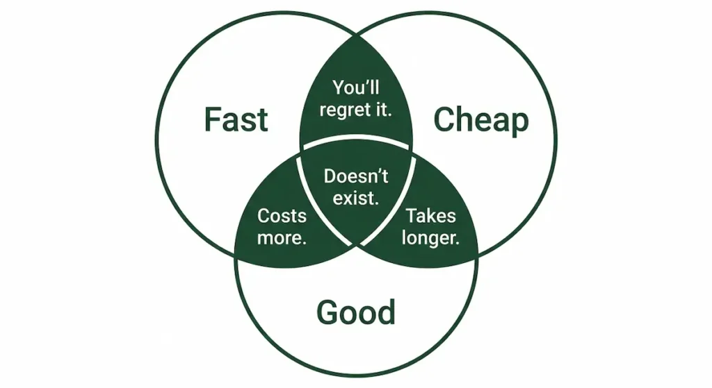 Fast cheap and good contractor Venn diagram showing you can only pick two for home renovations in Eastern Kentucky