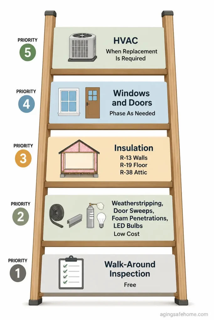 Priority ladder diagram showing Eastern Kentucky seniors how to lower their Kentucky Power bill starting with a free walk-around inspection up through HVAC replacement