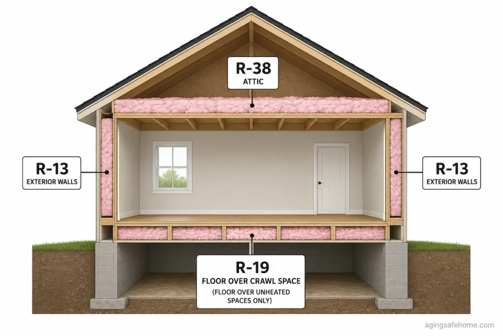 Diagram showing recommended insulation R-values for Eastern Kentucky homes with R-38 attic R-13 exterior walls and R-19 floor over crawl space to lower Kentucky Power bills