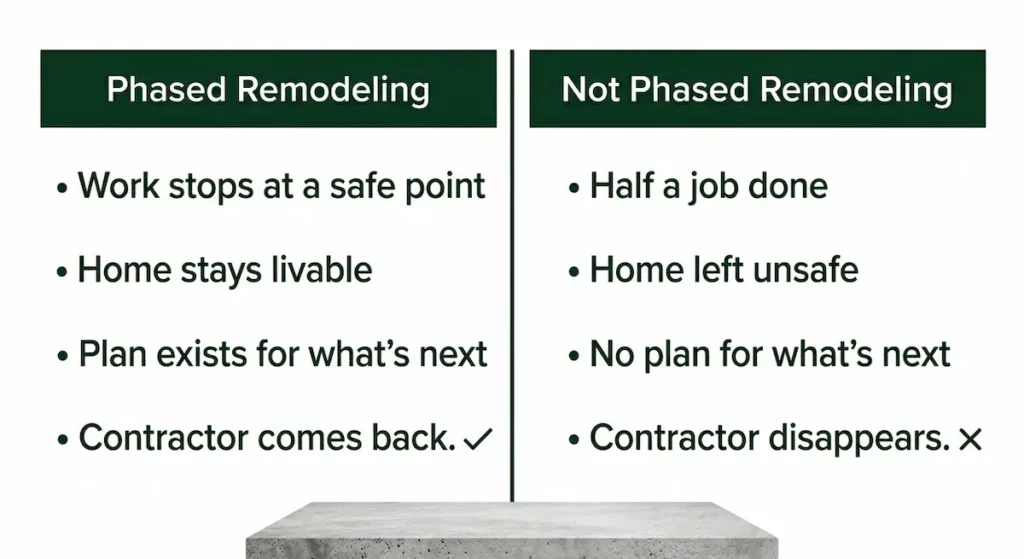 Diagram comparing phased remodeling done right versus a contractor who does half a job and disappears on seniors and elderly homeowners