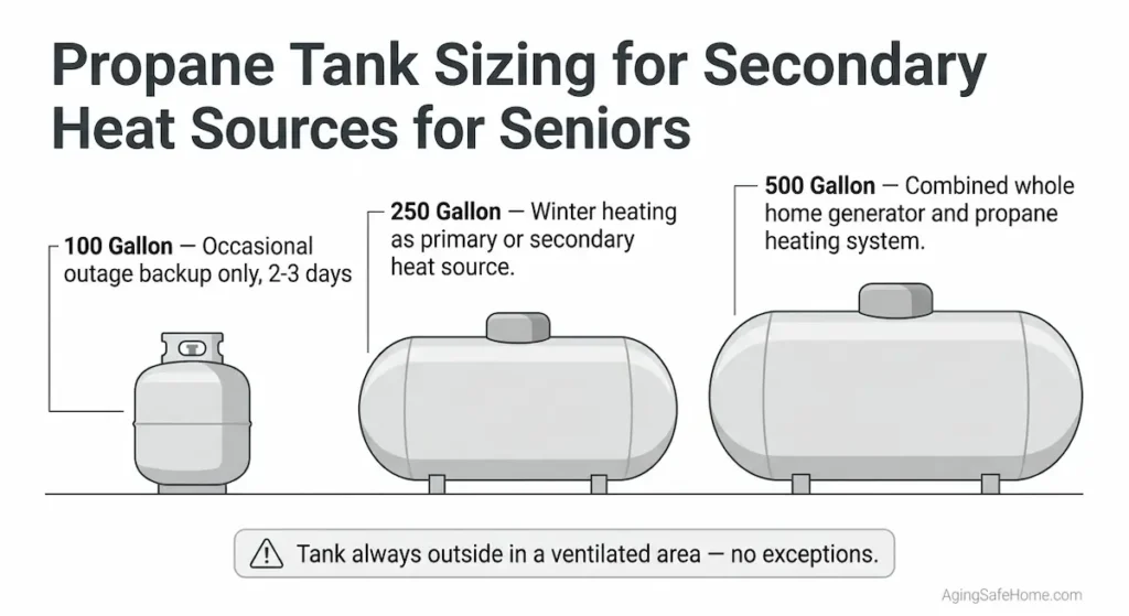Propane tank sizing diagram for secondary heat sources for seniors showing 100 gallon for outage backup, 250 gallon for winter heating, and 500 gallon for combined whole home generator and propane heating system