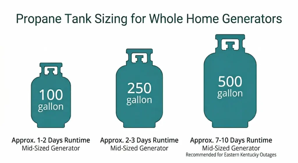 Propane tank sizing diagram for whole home generators showing 100 gallon 250 gallon and 500 gallon options with runtime estimates for seniors aging in place in Eastern Kentucky