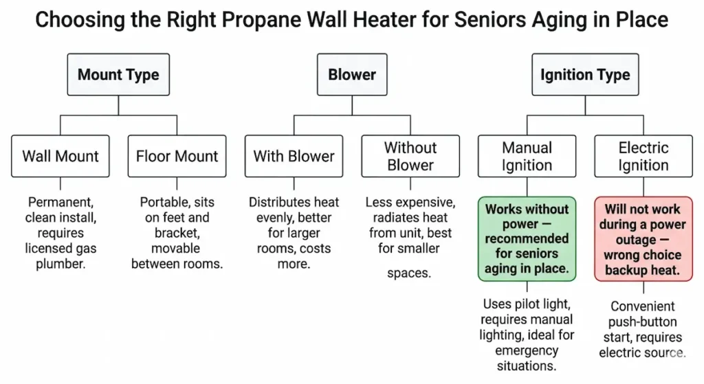 Decision tree diagram showing propane wall heater options for seniors aging in place including mount type, blower, and ignition type with warning that electric ignition will not work during a power outage