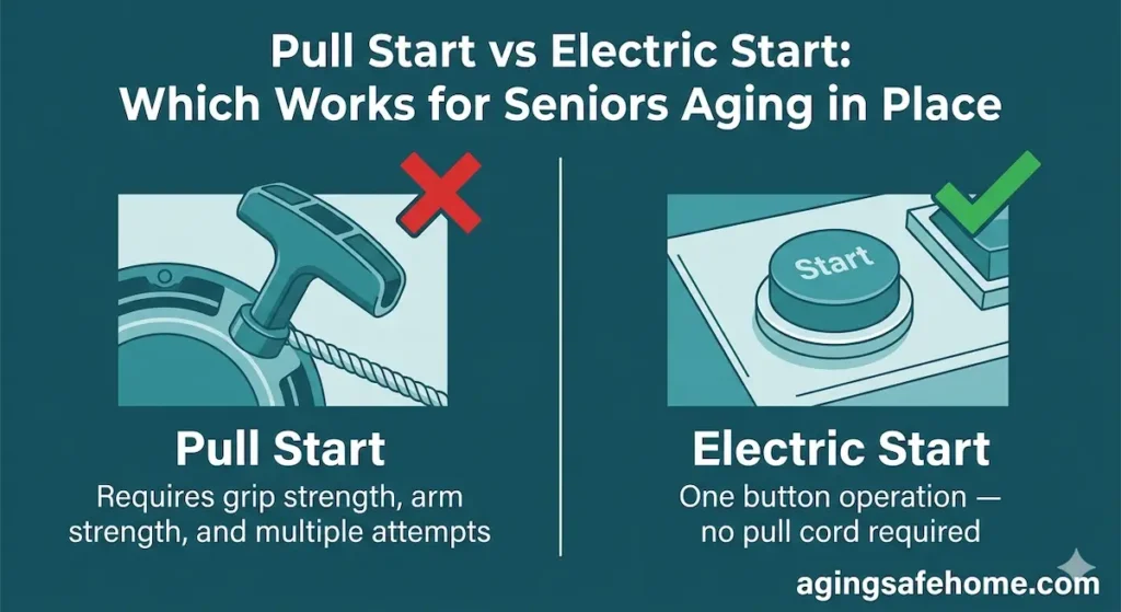 Comparison diagram showing pull start generator requiring grip and arm strength versus electric start generator with one button operation for seniors aging in place
