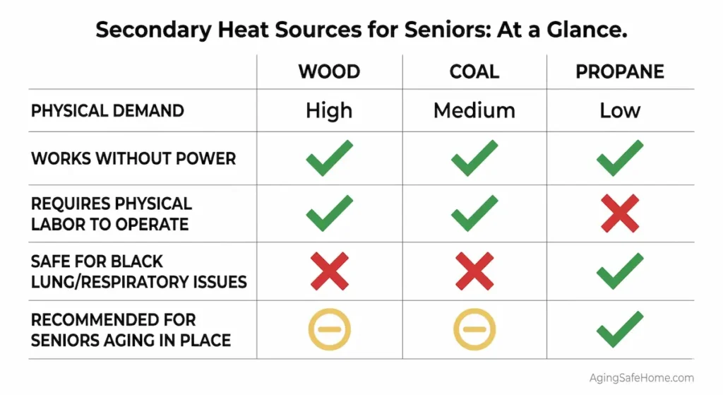 Comparison chart of secondary heat sources for seniors showing wood coal and propane rated on physical demand, works without power, requires physical labor, safe for black lung and respiratory issues, and recommended for seniors aging in place