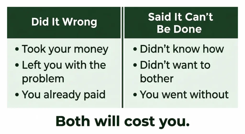 Diagram showing the two kinds of bad contractors — one who did it wrong and one who said it can't be done — and how both cost Eastern Kentucky homeowners