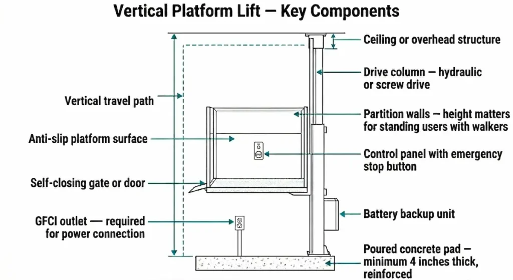 Labeled diagram of a vertical platform lift showing drive column, partition walls, anti-slip platform surface, self-closing gate, control panel with emergency stop button, GFCI outlet, battery backup unit, and reinforced concrete pad base.