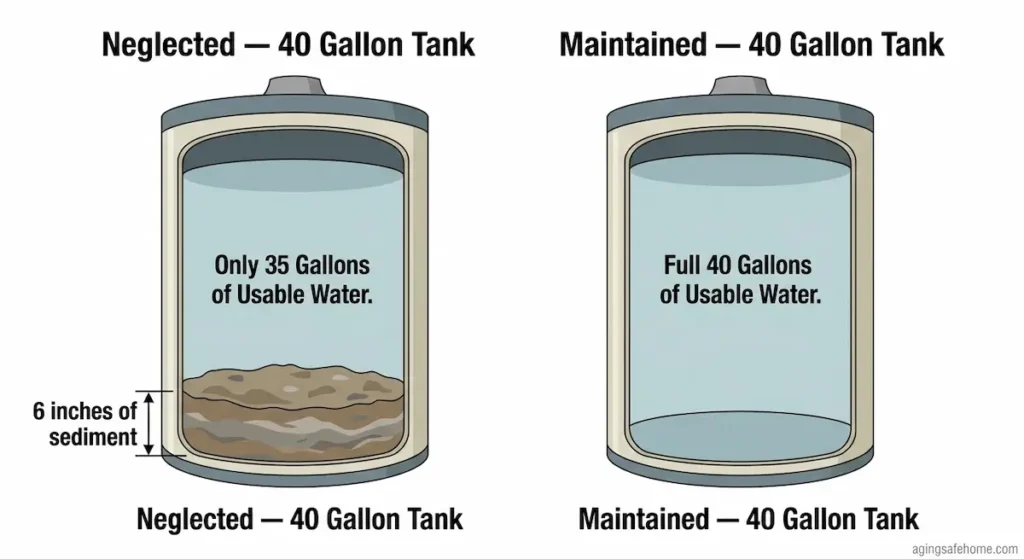 Diagram showing how 6 inches of sediment buildup in a neglected hot water heater reduces a 40 gallon tank to only 35 gallons of usable water for eastern Kentucky seniors