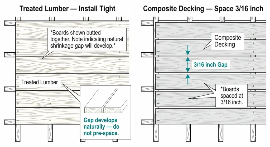 
Side by side diagram comparing treated lumber installed tight with natural shrinkage gap versus composite decking spaced 3/16 inch for thermal expansion on a wheelchair ramp surface.