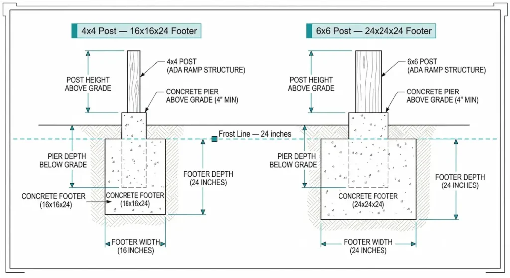 Cross-section diagram comparing 4x4 post on 16x16x24 inch footer versus 6x6 post on 24x24x24 inch footer for a wheelchair ramp in Eastern Kentucky showing the 24 inch frost line depth.