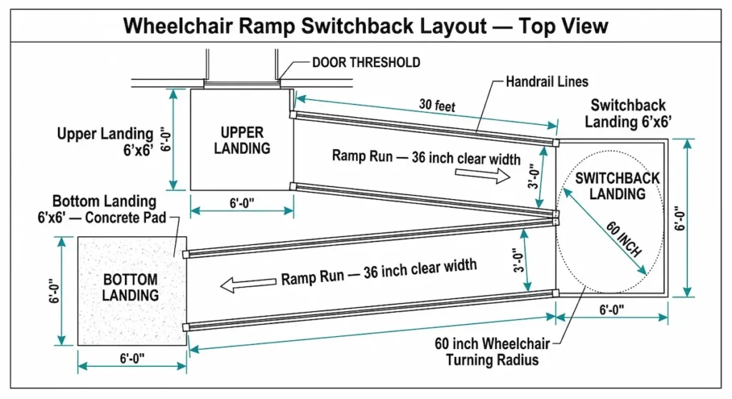 Top-view diagram of a wheelchair ramp switchback layout showing 6x6 upper and bottom landings, 36-inch clear ramp width, single direction of travel arrows, 60-inch wheelchair turning radius at the switchback landing, and concrete pad at the base.