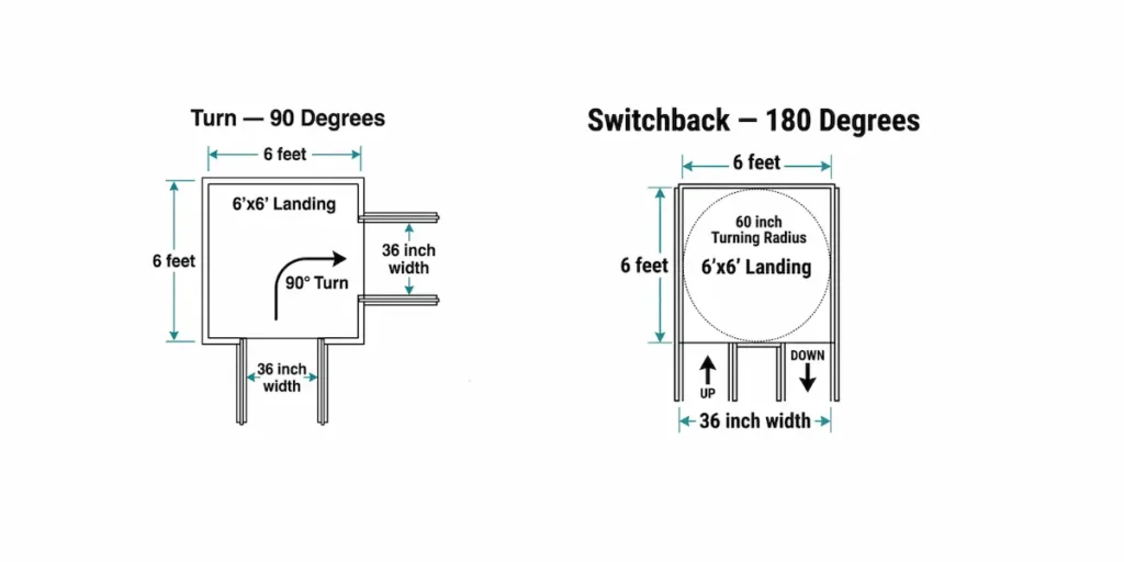 Side by side close-up diagram comparing a 90 degree turn landing and a 180 degree switchback landing on a wheelchair ramp showing 6x6 foot landings, 36 inch ramp width, and 60 inch wheelchair turning radius.