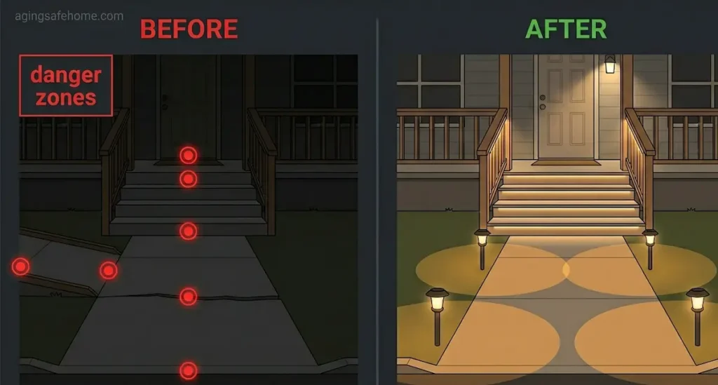 Before and after comparison of outdoor lighting for aging in place showing unlit walkway and porch with danger zone markers versus properly illuminated pathway and steps for elderly safety