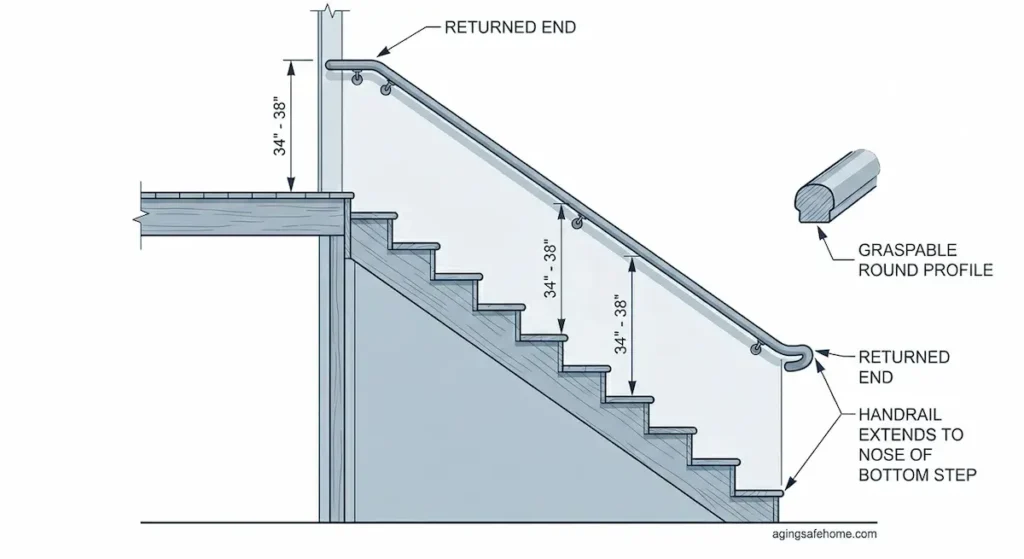 Technical diagram showing proper exterior stair handrail height of 34 to 38 inches with returned ends and handrail extending to nose of bottom step for seniors aging in place