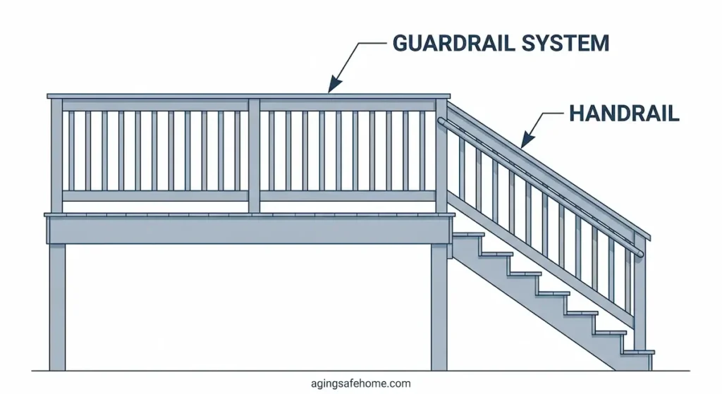 Technical diagram showing the difference between a guardrail system and a handrail on exterior deck stairs for seniors aging in place