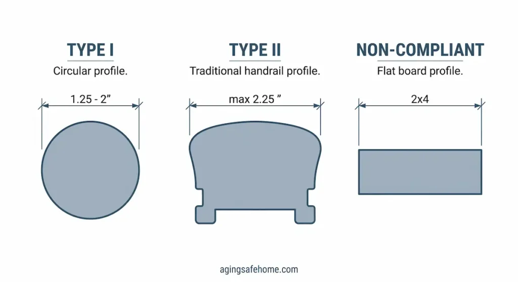 Diagram comparing IRC compliant handrail profiles for seniors showing Type I circular, Type II traditional wood, and non-compliant flat 2x4 cross sections