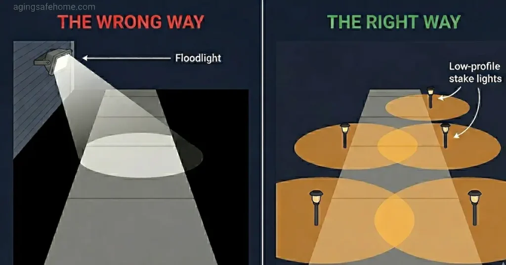 Diagram comparing wrong vs right outdoor lighting for aging in place, showing a single floodlight hot spot versus evenly spaced pathway stake lights for senior safety