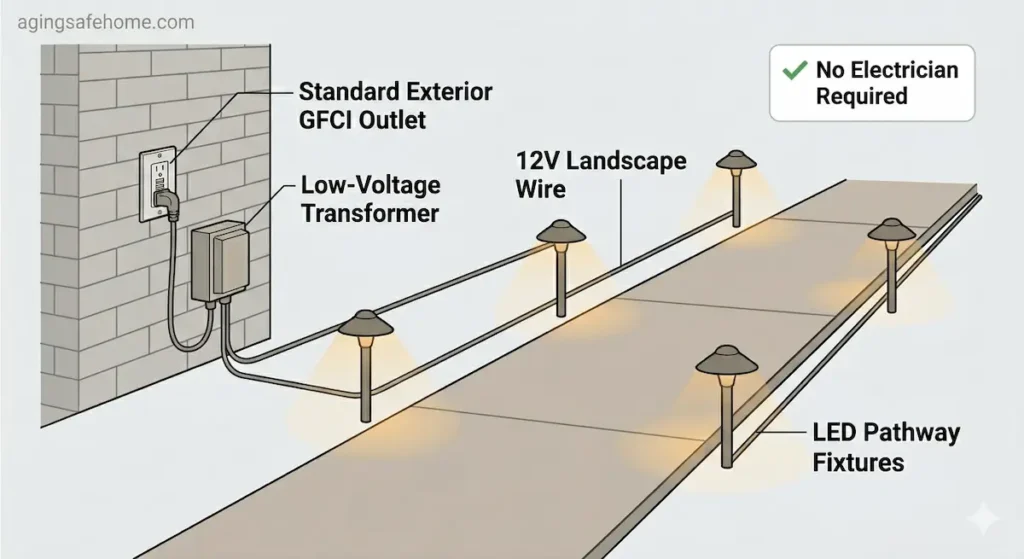 Diagram of a low-voltage 12V landscape lighting system for senior home safety showing transformer plugged into exterior GFCI outlet connected to LED pathway fixtures along a walkway